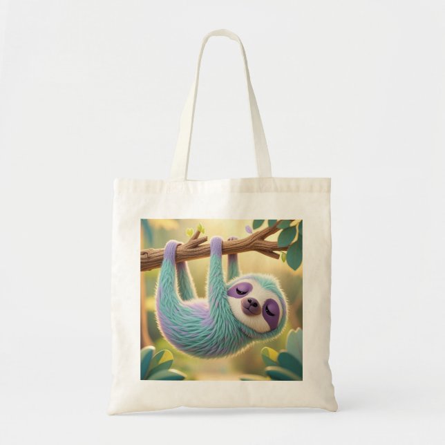 Cartoon sloth hanging upside-down from a branch  tote bag (Front)