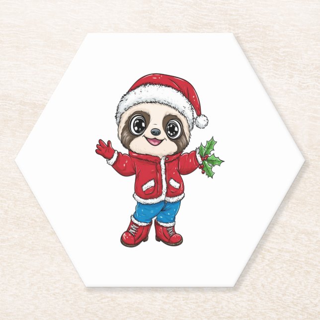 Cartoon Sloth Wearing Christmas Paper Coaster (Front)