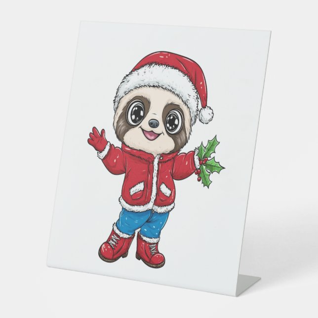 Cartoon Sloth Wearing Christmas Pedestal Sign (Front)