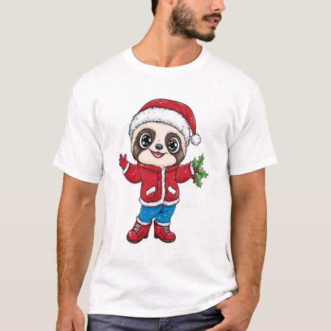 Cartoon Sloth Wearing Christmas T-Shirt (Front)