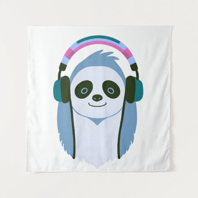 Cartoon sloth with headphones tapestry (Front)