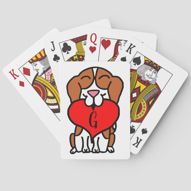 Cartoon Smiling Beagle Monogram Playing Cards (Back)