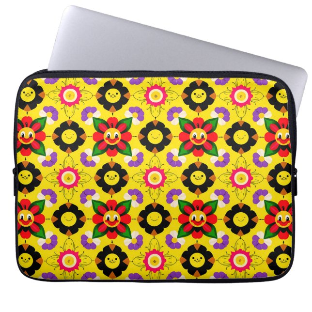 Cartoon Smiling Flowers and Bees Laptop Sleeve (Front)