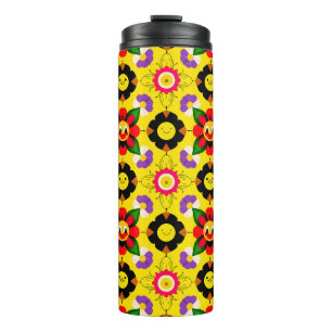 Cartoon Smiling Flowers and Bees Thermal Tumbler