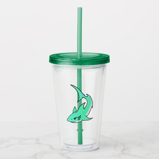 cartoon smiling shark mint blue green ocean animal acrylic tumbler (Front)