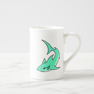 cartoon smiling shark mint blue green ocean animal bone china mug