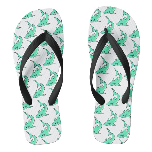 cartoon smiling shark mint blue green ocean animal flip flops (Footbed)