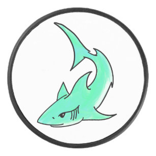 cartoon smiling shark mint blue green ocean animal hockey puck