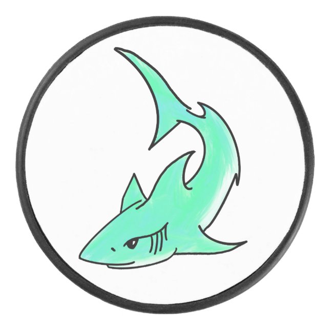 cartoon smiling shark mint blue green ocean animal hockey puck (Front)
