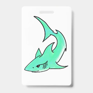 cartoon smiling shark mint blue green ocean animal ID badge