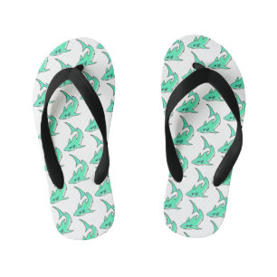 cartoon smiling shark mint blue green ocean animal kid's flip flops