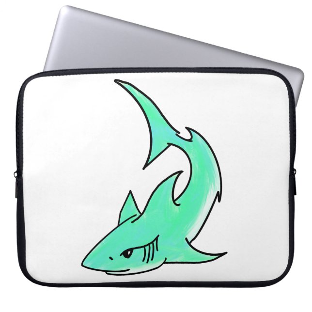 cartoon smiling shark mint blue green ocean animal laptop sleeve (Front)