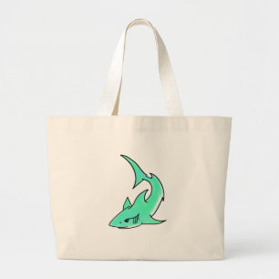 cartoon smiling shark mint blue green ocean animal large tote bag