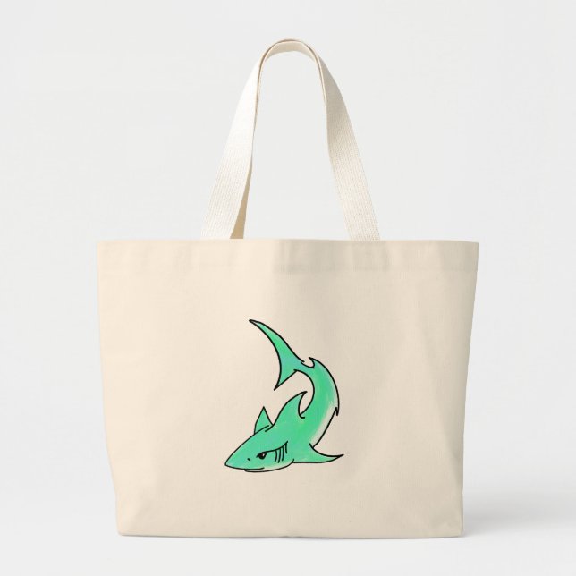 cartoon smiling shark mint blue green ocean animal large tote bag (Front)