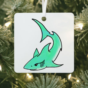 cartoon smiling shark mint blue green ocean animal metal tree decoration