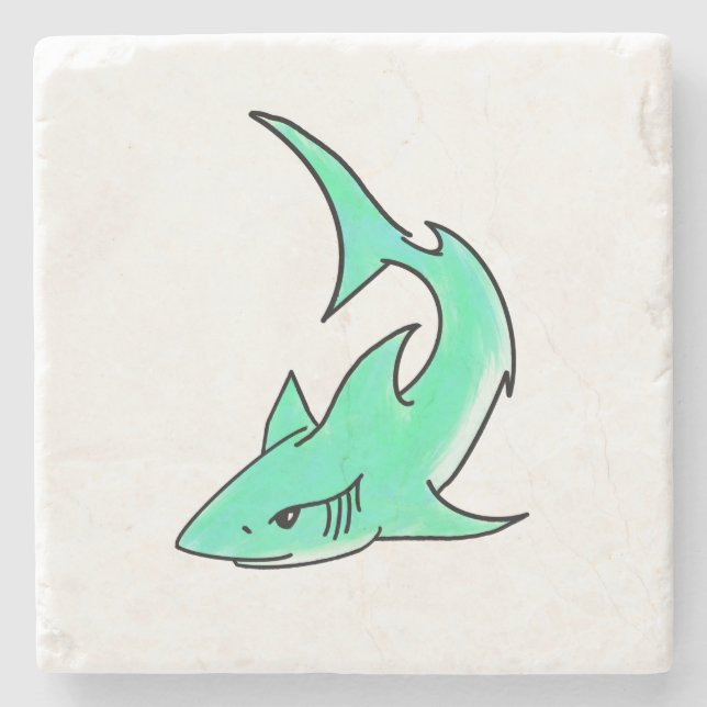 cartoon smiling shark mint blue green ocean animal stone coaster (Front)