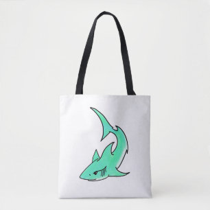 cartoon smiling shark mint blue green ocean animal tote bag
