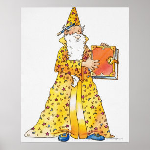 Cartoon, smiling wizard with long white beard, poster