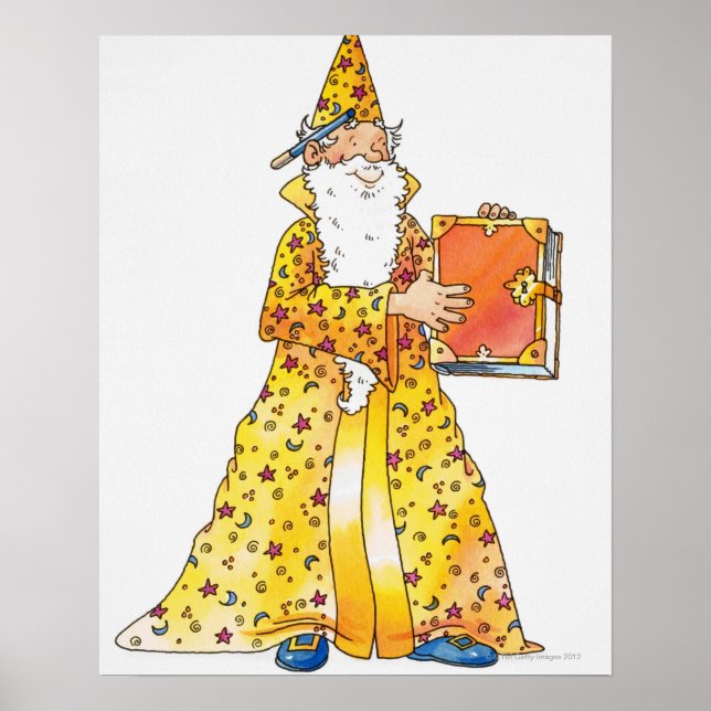 Cartoon, smiling wizard with long white beard, poster (Front)