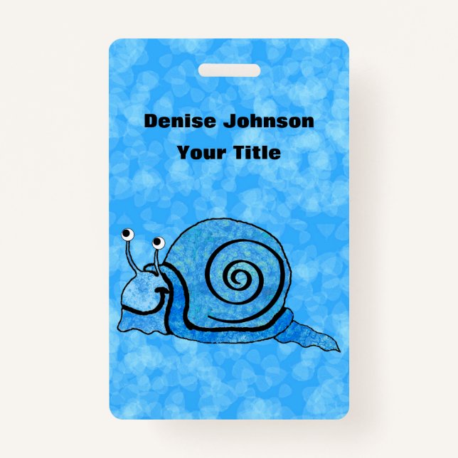 Cartoon Snail Blue Patterned Shell on Mix of Blues ID Badge (Front)