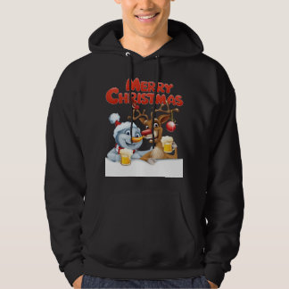Cartoon Snowman and Reindeer Enjoying Beer Hoodie