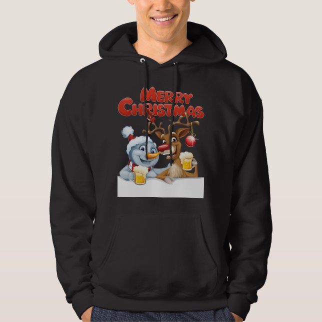 Cartoon Snowman and Reindeer Enjoying Beer Hoodie (Front)