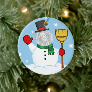 Cartoon Snowman Face Photo Ceramic Tree Decoration