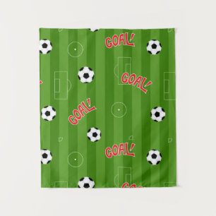 Cartoon Soccer Pitch Goals and Footballs Tapestry