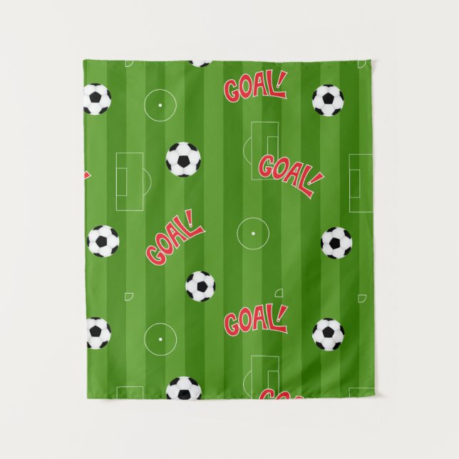 Cartoon Soccer Pitch Goals and Footballs Tapestry (Front)