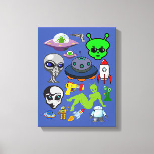 Cartoon Space Aliens Greys UFO Art Collage sheet Canvas Print