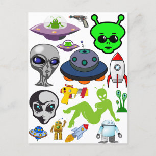 Cartoon Space Aliens Greys UFO Art Collage sheet Postcard