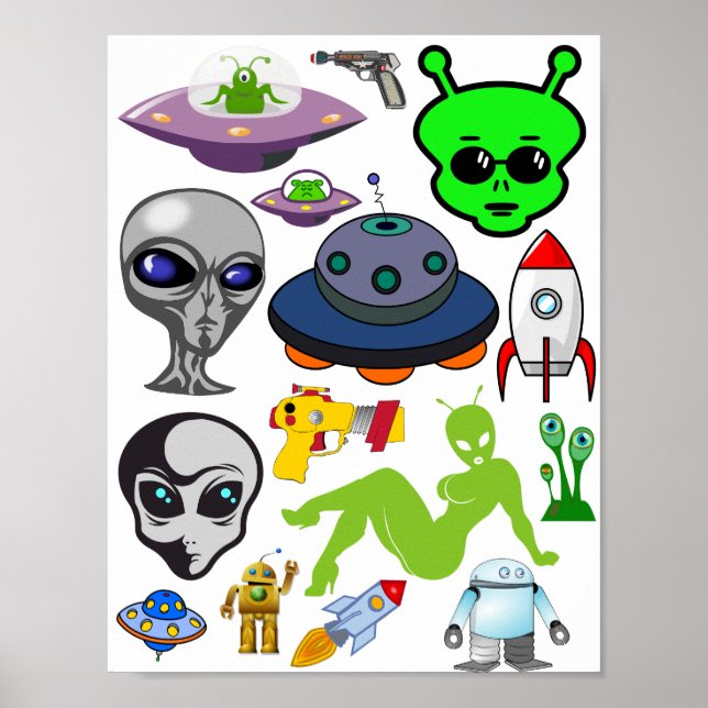 Cartoon Space Aliens Greys UFO Art Collage sheet Poster (Front)
