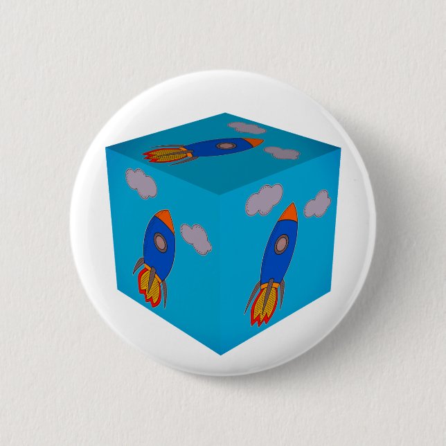 Cartoon Space Rocket Flying And Blue Sky Cube 6 Cm Round Badge (Front)