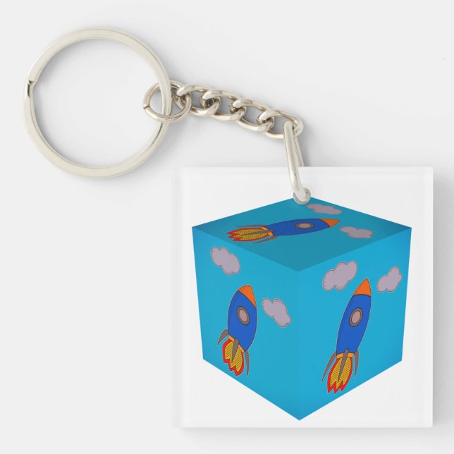 Cartoon Space Rocket Flying And Blue Sky Cube Key Ring (Front)