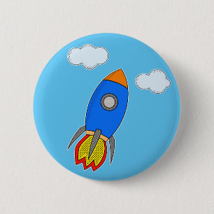 Cartoon Space Rocket In Blue Sky 6 Cm Round Badge