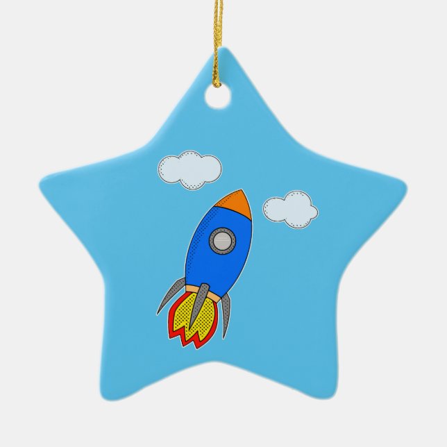 Cartoon Space Rocket In Blue Sky Ceramic Tree Decoration (Front)