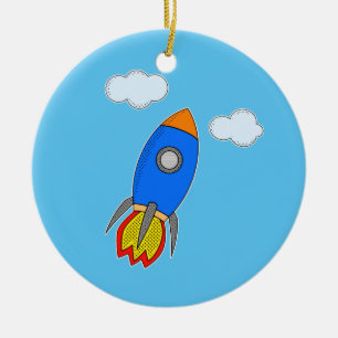 Cartoon Space Rocket In Blue Sky Ceramic Tree Decoration