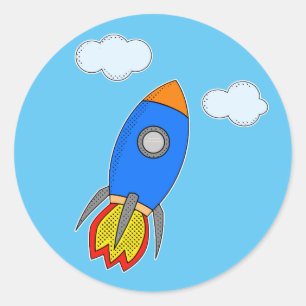 Cartoon Space Rocket In Blue Sky Classic Round Sticker