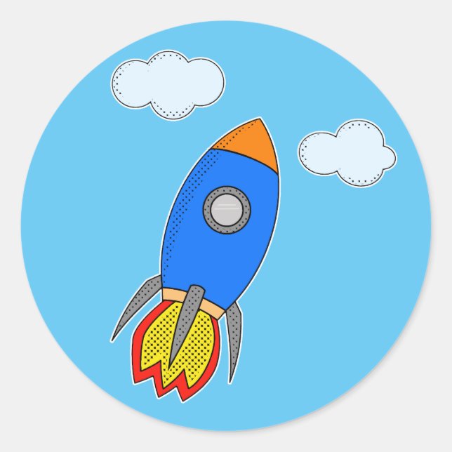 Cartoon Space Rocket In Blue Sky Classic Round Sticker (Front)