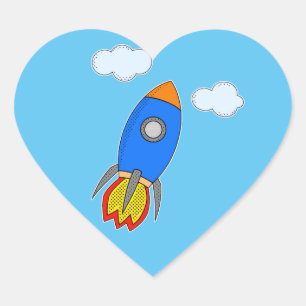 Cartoon Space Rocket In Blue Sky Heart Sticker