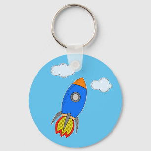 Cartoon Space Rocket In Blue Sky Key Ring