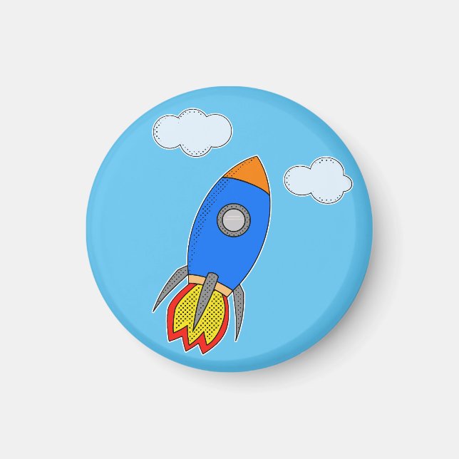 Cartoon Space Rocket In Blue Sky Magnet (Front)