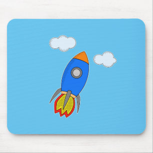 Cartoon Space Rocket In Blue Sky Mouse Mat