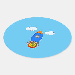Cartoon Space Rocket In Blue Sky Oval Sticker