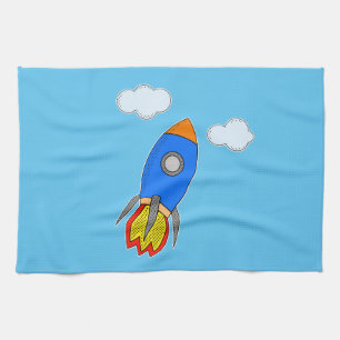 Cartoon Space Rocket In Blue Sky Tea Towel