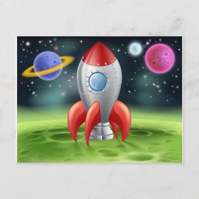 Cartoon Space Rocket on Alien Planet Postcard (Front)