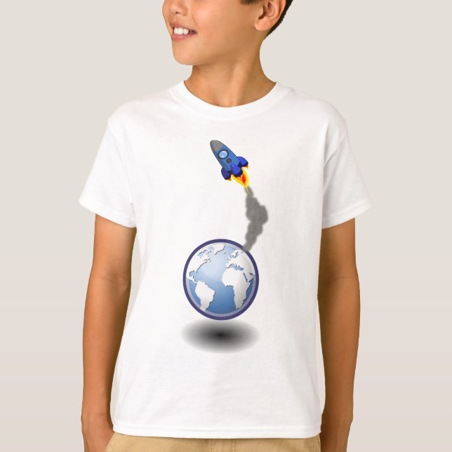 Cartoon Space Ship and Globe T-Shirt (Front)