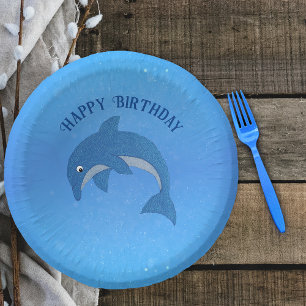 Cartoon Sparkle blue White Birthday Dolphin Paper Plate