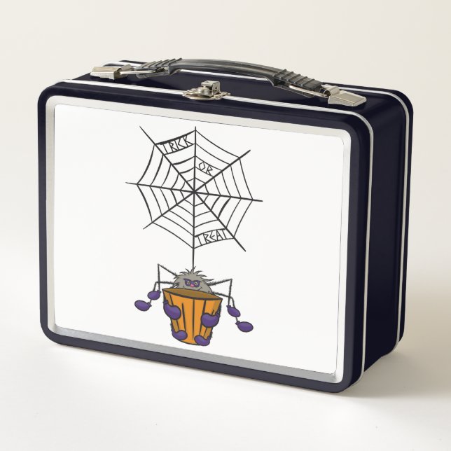 Cartoon Spider hanging from Web holding Bucket  Metal Lunch Box (Front)