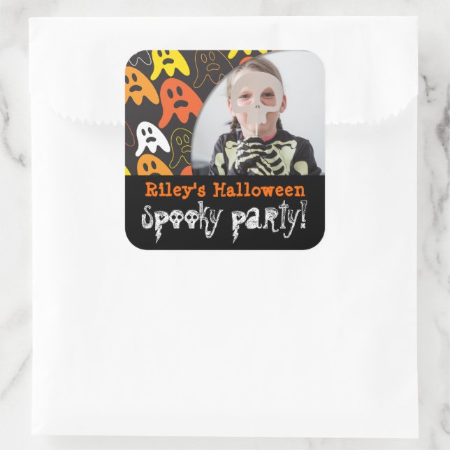 Cartoon Spooky Ghosts Kid's Halloween Party Photo Square Sticker (Bag)
